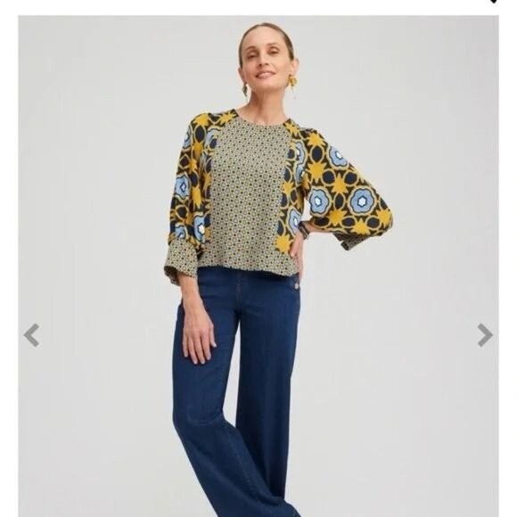 Chicos Gold Blue Geometric Print Pintuck Top 3.5 XL - Picture 3 of 8